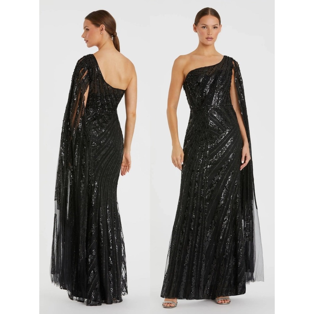 NEW Mac Duggal Black One Shoulder Cape Sleeve Embellished Gown $898‎ - Size 4